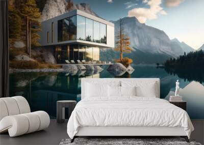 Modern Scandinavian style concrete and glass house design on a mountain lake. Generative AI Wall mural