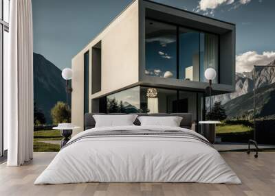 Modern Scandinavian style concrete and glass house design on a mountain landscape. Generative AI Wall mural