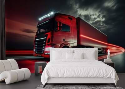 Modern truck speeding on freeway highway in motion. Generative AI Wall mural