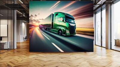 Modern truck speeding on freeway highway in motion. Generative AI Wall mural