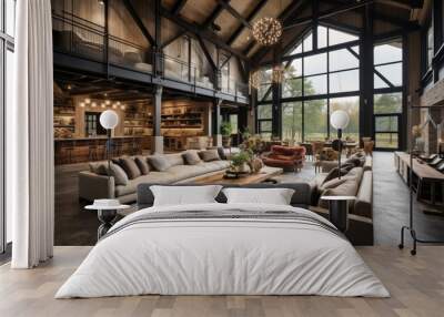 Modernized barn house with high ceilings and industrial accents.  Wall mural