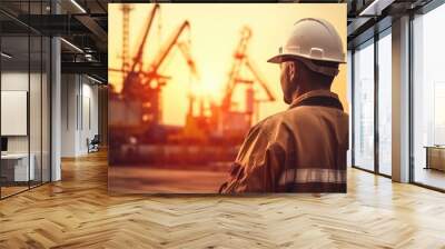 Oil worker standing in front of oil pump at the sunset Wall mural