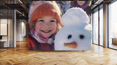 on a cold winter day, a little kids are playing in the snow, building a snowman. generative ai Wall mural