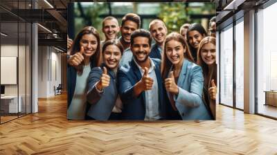 Overjoyed young diverse employees workers show thumb up recommend good quality company service. Generative AI Wall mural