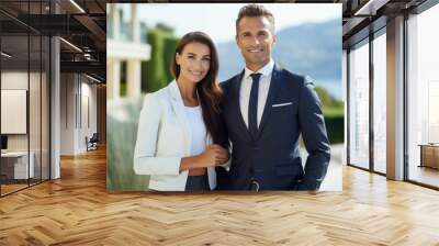 Pair of real estate agents, showcasing a luxurious villa in the background. Generative AI Wall mural