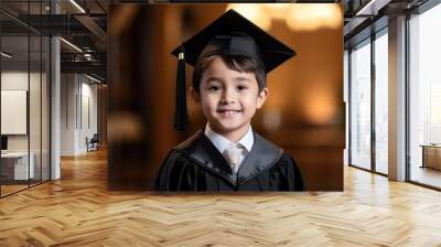 Photography of a pleased, child boy that is wearing a graduation gown and cap against a grand auditorium background. Generative AI Wall mural