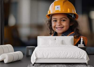 Photography of a pleased, child girl that is building a structure wearing a construction worker's uniform against a construction site background.  Wall mural