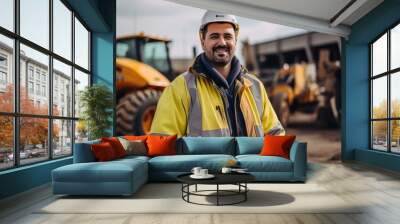 Photography of a pleased, man in his 30s that is operating heavy machinery wearing a construction worker's attire against a construction site background.  Wall mural