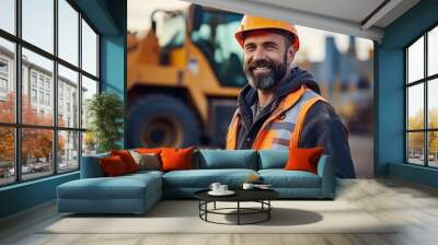 Photography of a pleased, man in his 30s that is operating heavy machinery wearing a construction worker's attire against a construction site background.  Wall mural