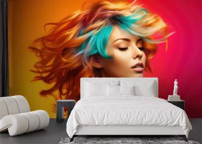 Pretty girl with colorful hair. Generative AI Wall mural