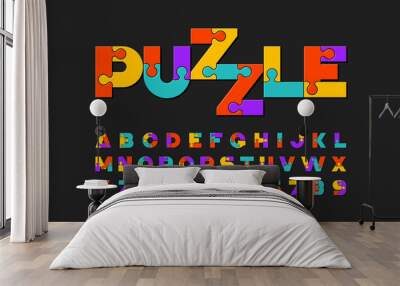 Puzzle font, colorful jigsaw puzzle alphabet letters and numbers Wall mural