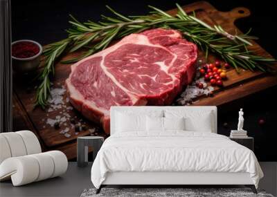 Raw rib eye steak, beef marbled meat on wooden board with rosemary. Generative AI Wall mural