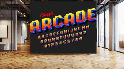 Retro style arcade games font, 80s video game alphabet letters and numbers Wall mural