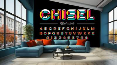 Retro style chisel font, colorful alphabet letters and numbers Wall mural