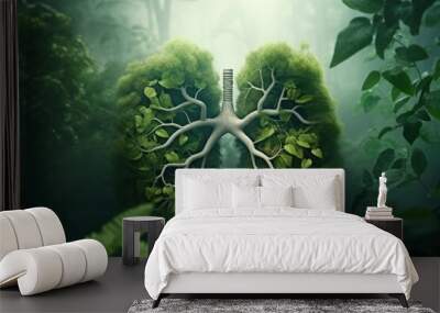 Save the Earth green planet concept with green lungs made of rainforest. Generative AI Wall mural