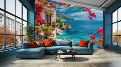 Seaside town in Spain with flowers, fences and ocean in the background Wall mural