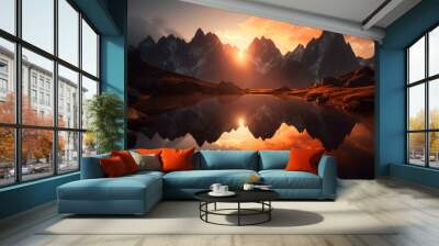 serene mountain lake during sunset, with the sun setting behind the jagged peaks, casting a warm ora Wall mural