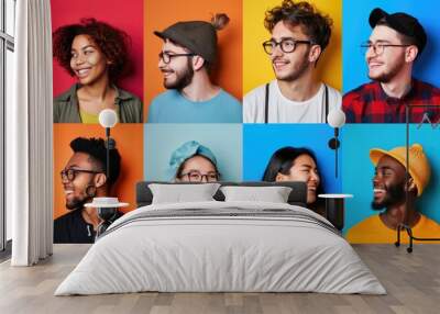 Set of smiling teens photo of various nationalities on color background Wall mural