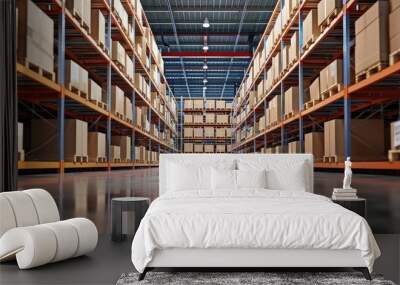 Shelves of huge warehouse with cardboard boxes Wall mural