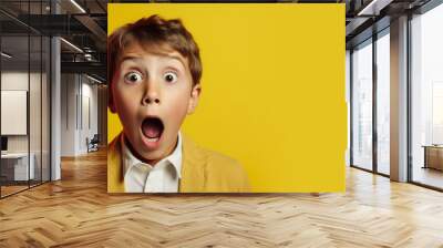 Shock, surprised boy child in a studio with a wow or omg facial expression with his hands on his mouth. Generative AI Wall mural