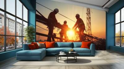 Silhouette workers construction the extension of high-voltage towers on blurred light city background in industry big. Generative AI Wall mural