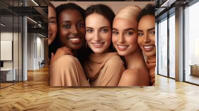 Skincare, diversity and women hug portrait for inclusivity, happiness and healthy skin texture. Interracial beauty and model group with woman smile for cosmetic campaign. Generative AI Wall mural