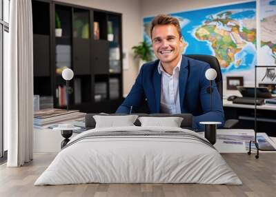 Smiling manager of the travel agency in his office of sales Wall mural