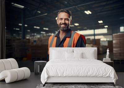 Smiling warehouse worker in the logistic warehouse. Wall mural