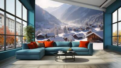 Snow-covered landscape with chalet houses. Generative AI Wall mural