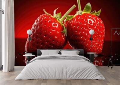 Strawberries with glistening droplets of water on red background Wall mural