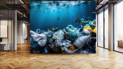 Sustainability themed background with space for copy, featuring an artistic arrangement of plastic waste items commonly found in the ocean. Generative AI Wall mural