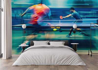 Table tennis players at a match. An abstract dynamic photography with motion blur Wall mural