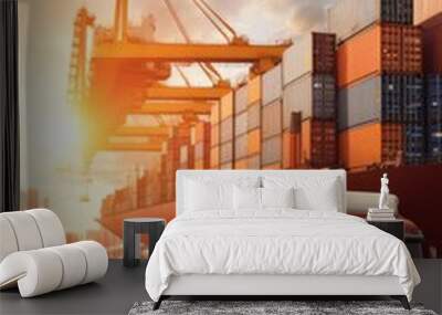 Transportation and logistics. Import, export and transport industry of truck container cargo ship. Generative AI Wall mural