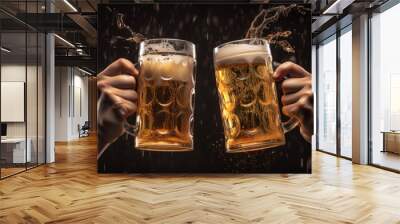 Two hands holding beer mugs and toasting. Generative AI Wall mural