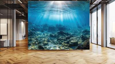 Underwater sea in blue sunlight. Generative AI Wall mural