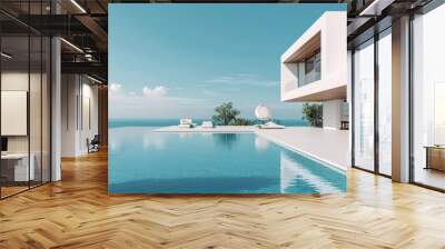 White minimalistic villa with swimming pool on the background of a blue sky Wall mural