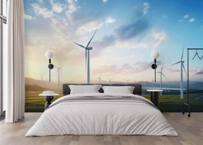 Wind turbine farm power generator in beautiful nature landscape for production of renewable green energy.  Wall mural