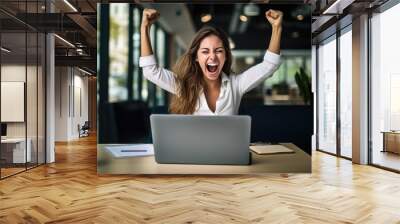 Winner business woman with online sale, email announcement of promotion or bonus success. Excited corporate person with fist pump for office celebration, salary increase or target.  Wall mural