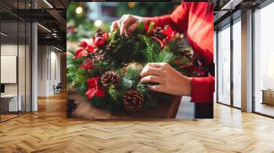 Woman is making a Christmas wreath. Generative AI Wall mural