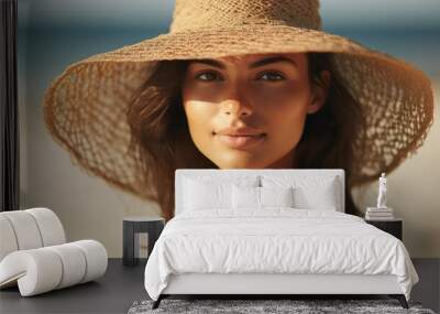 Woman looking on the side wearing summer hat at the beach, close up shot photo, warm colors. Generative AI Wall mural