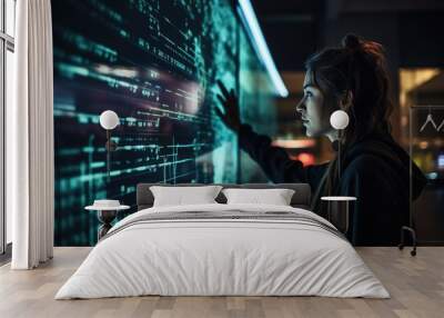 Woman programmer looking at lines of code on a screen Wall mural