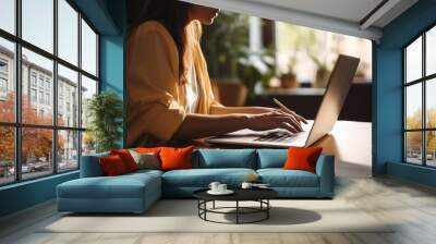 Young woman, girl student using laptop elearning or remote working at home office using laptop. Generative AI Wall mural