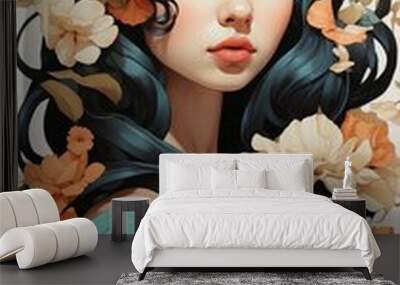 Girl and flowers with butterfly Illustration Wall mural