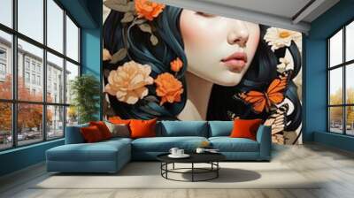 Girl and flowers with butterfly Illustration Wall mural