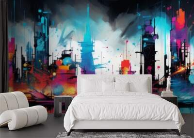 Cityscape Painting Bursting With Vivid Colors And Energy. Abstract Futuristic Cityscape With Neon Punk Graffiti. Generative AI Wall mural