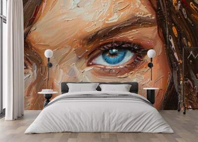 Portrait girl with brown hair and blue eyes, closeup, brush strokes in oil painting Wall mural