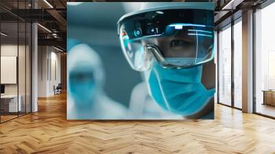 Close-up of a surgeon wearing smart glasses, utilizing augmented reality technology during surgery, representing the advancement in medical tools. Wall mural