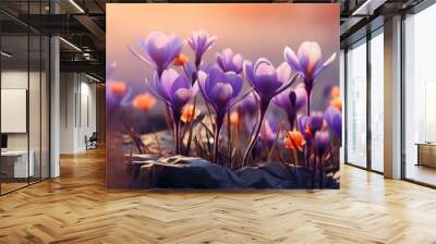 Spring Background Flowering Violet Crocuses Flower , Banner Image For Website, Background, Desktop Wallpaper Wall mural