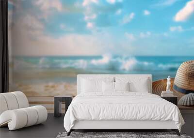 The beach with summer accessories on a wooden table, blue sea and sky background. A summer vacation concept banner written in the bottom right corner, colorful, vibrant, high resolution Wall mural