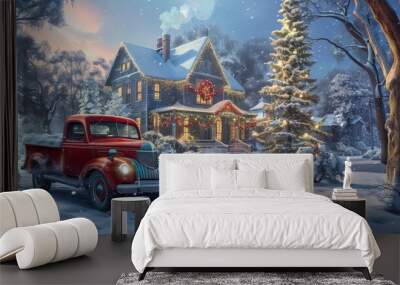 A vintage red truck with blue accents is parked in front of an old, elegant house covered in snow on Christmas morning Wall mural